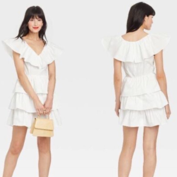 A New Day Mini Dress White Ruffle Multi Tiered Flutter Short Sleeve - Picture 17 of 17